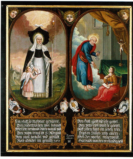 Zwei Szenen aus der Aldegundis-Legende auf sechs Tafeln aus Holz 1658.